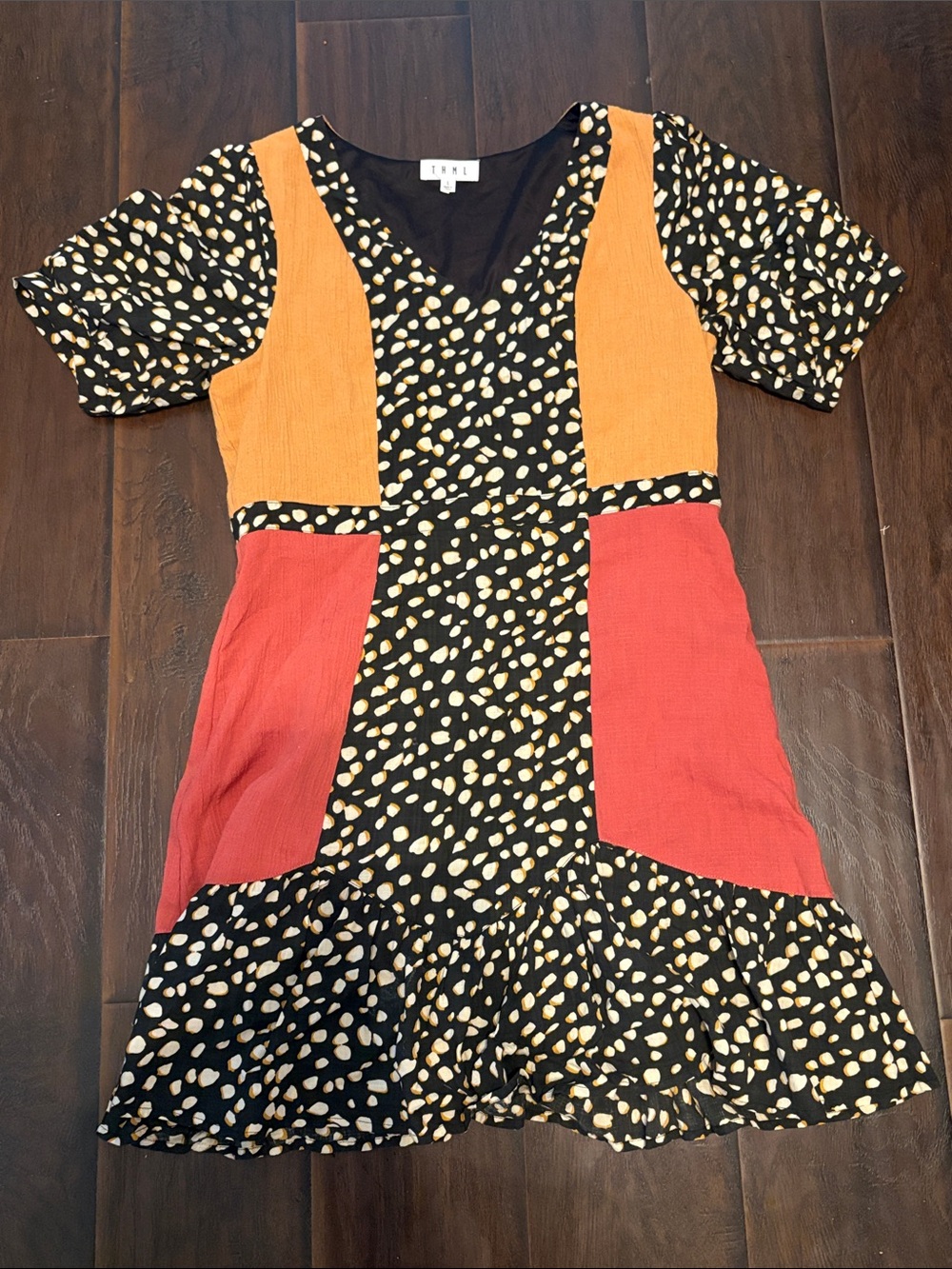THML Black Spot-Print Dress with Orange and Red Panels
